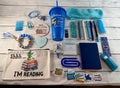 Blue book lover gift bundle with bookmarks, pens, sticky notes, socks and more