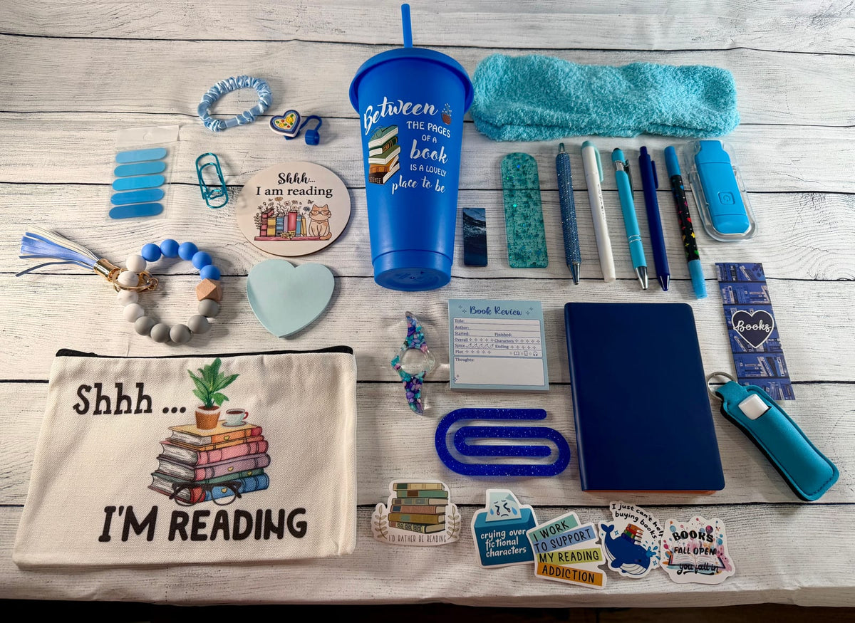 Blue book lover gift bundle with bookmarks, pens, sticky notes, socks and more