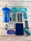 Blue mini book lover gift bundle with bookmarks, pens, sticky notes, socks and more