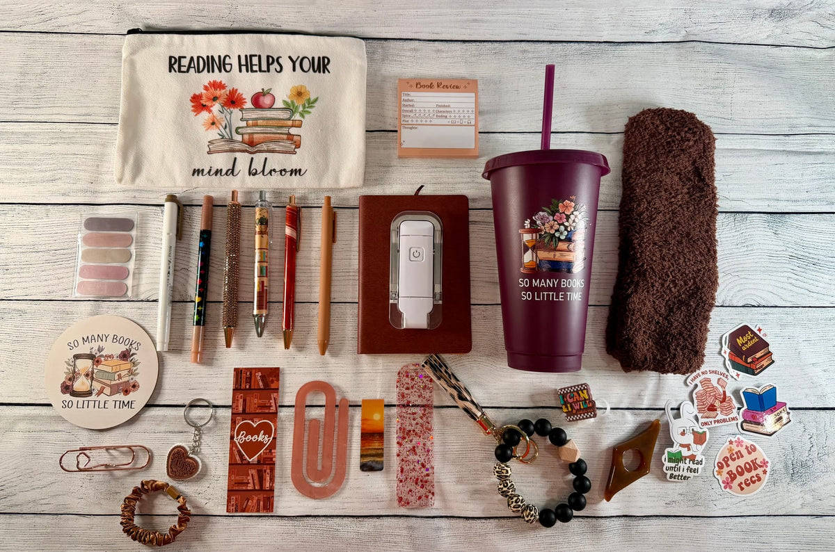 Brown book lover gift bundle with bookmarks, pens, sticky notes, socks and more