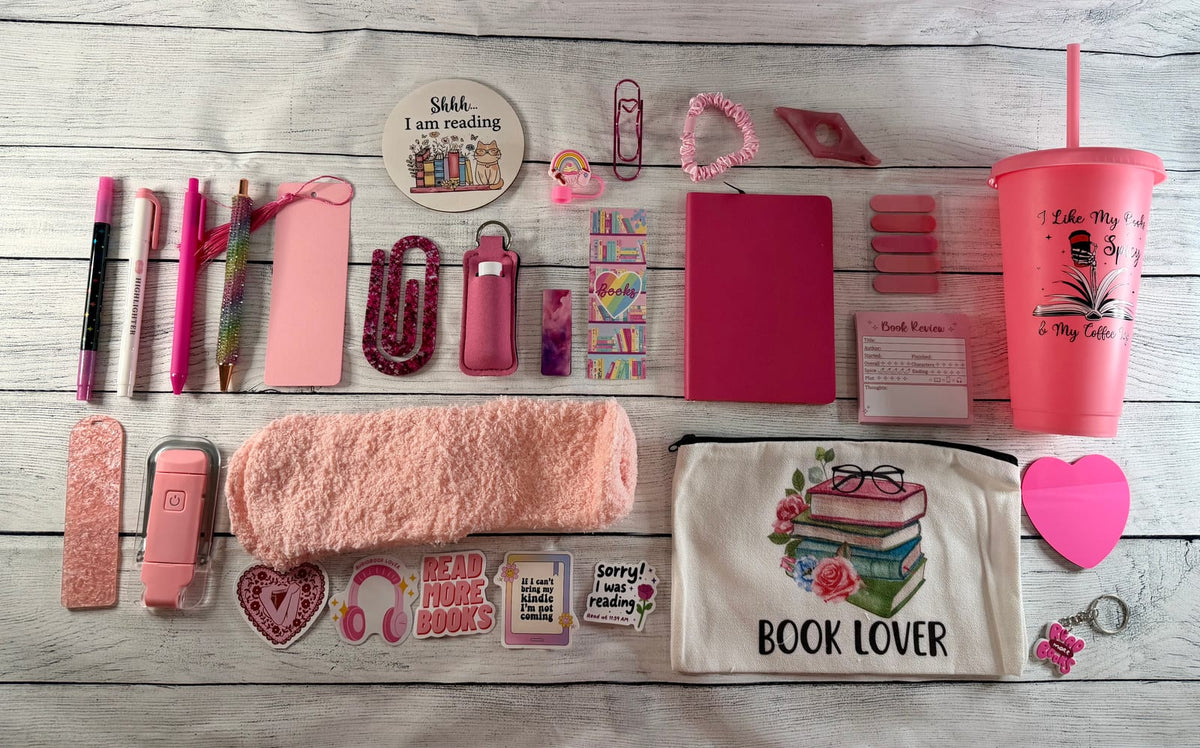 Pink book lover gift bundle with bookmarks, pens, sticky notes, socks and more