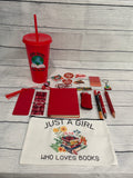 Red mini book lover gift bundle with bookmarks, pens, sticky notes, socks and more