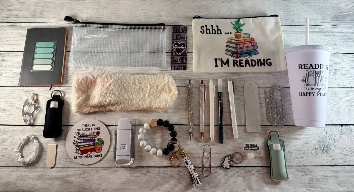 White book lover gift bundle with bookmarks, pens, sticky notes, socks and more